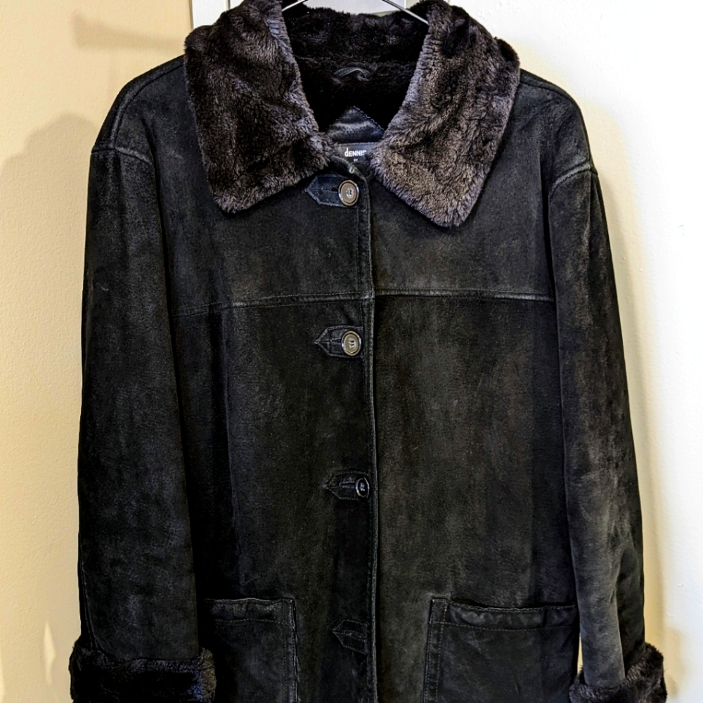 Dennis Basso Black Suede Coat Faux Fur Lined